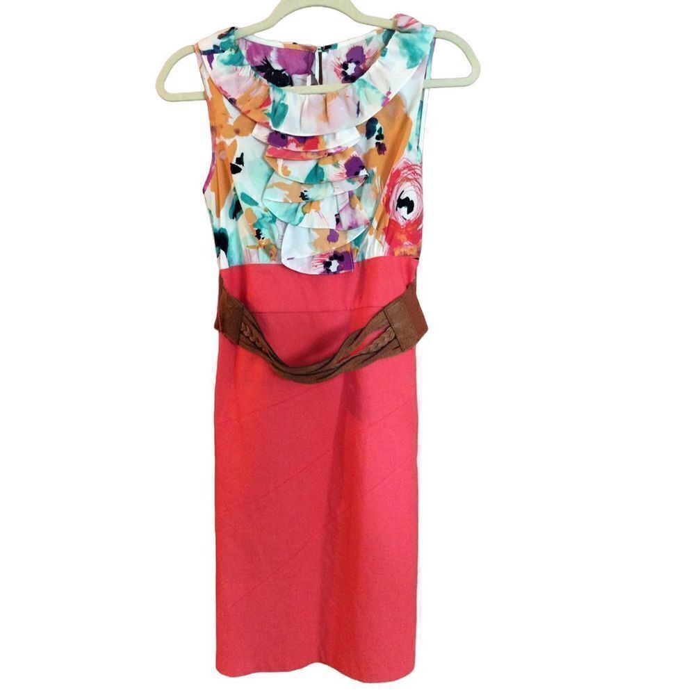 Dressbarn womens Size 4 coral green sheath dress ruffles with belt